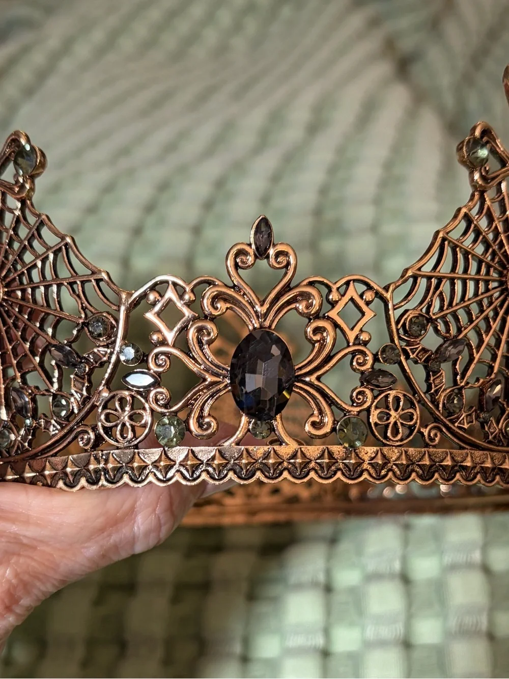 Antiqued Rose Gold Spiderweb Rhinestone Crown Tiara Halloween Gothic